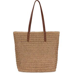 Women's Large Khaki Straw Woven Beach Tote Bag Handcrafted Summer Accessory